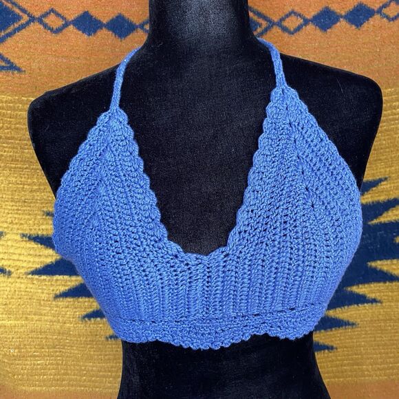 Y2K Knit Crochet Bikini Tops Boho Hippie Festival Wear. Medium. Sky Blue. - Picture 1 of 11